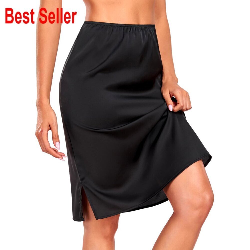 Satin Half Slip Skirt Anti-Static Side Slit Underskirt for Dresses